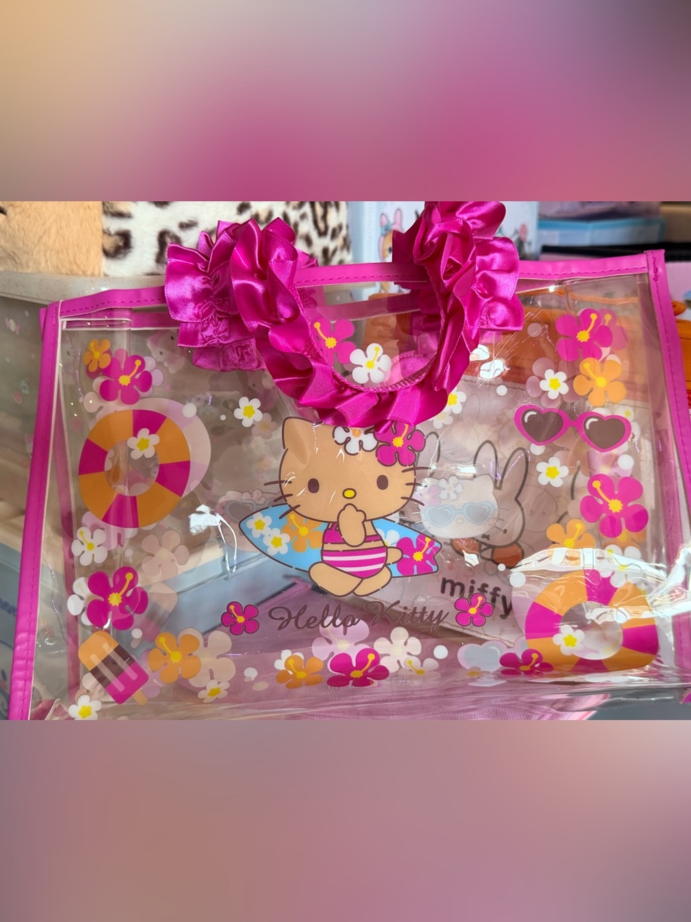 OFFICIAL Hello Kitty Bright Pink Clear Beach Tote with Ruffle Handles